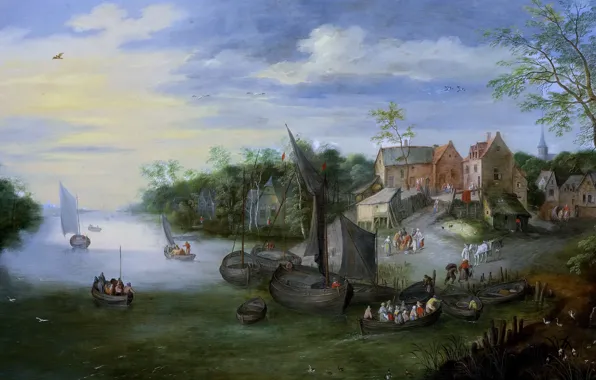 People, boat, home, picture, Jan Brueghel the younger, River Landscape with Village View