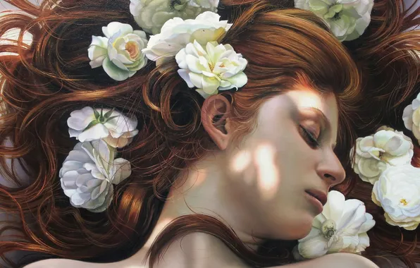 Girl, red hair, painting, art, white flowers, closed eyes, Christiane Vleugels