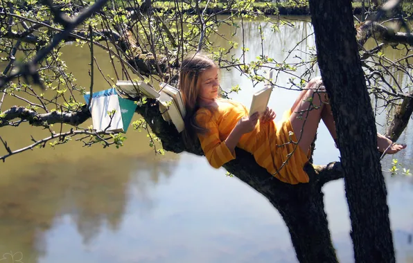 Picture water, girl, tree, books, girl, water, reads