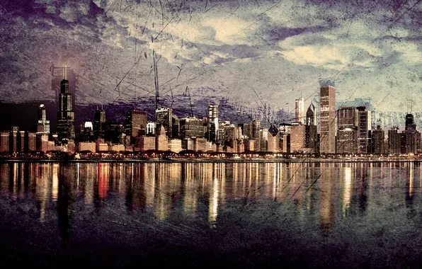 The city, Panorama, Chicago, Grunge