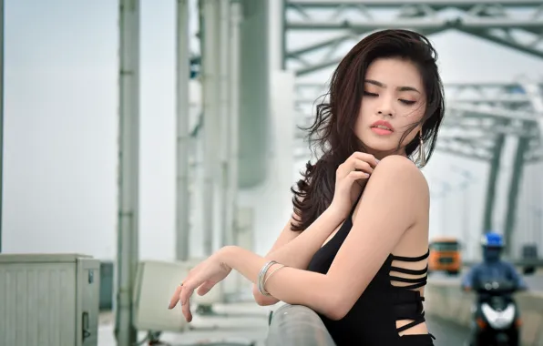 Picture girl, bridge, face, background, hair, dress, lips, Asian
