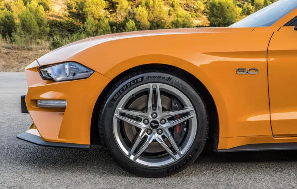 Orange, Ford, profile, 2018, the front part, fastback, Mustang GT 5.0