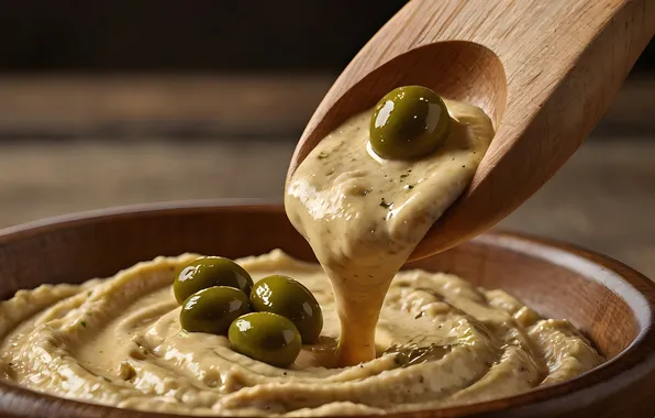 Spoon, bowl, olives, sauce, wooden, appetizer, puree, hummus
