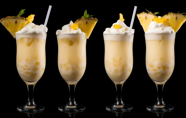 Cocktail, glasses, black background, cocktail, glasses, black background, in a row, pineapple slices