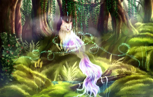 Trees, green grass, world of fantasy, mythical animal, ghost cat