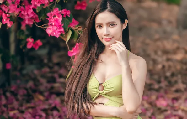 Look, flowers, branches, model, portrait, hands, makeup, dress