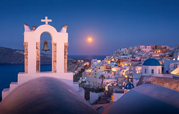 Picture sea, the sun, sunrise, dawn, building, home, morning, Santorini