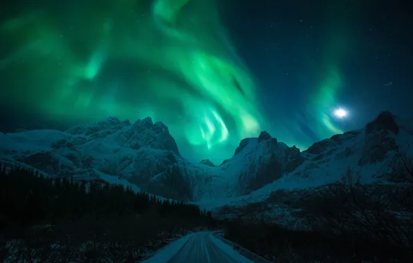 Winter, road, light, snow, mountains, night, the moon, Northern lights