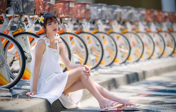Asian, Dress, Feet, Bike, Sitting