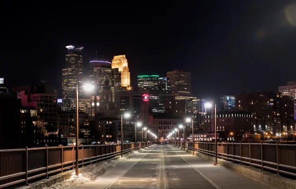 Snow, night, bridge, lights, home, lights, USA, Minnesota