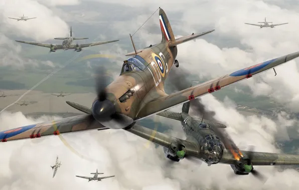 Fighter, war, art, airplane, painting, aviation, ww2, dogfight