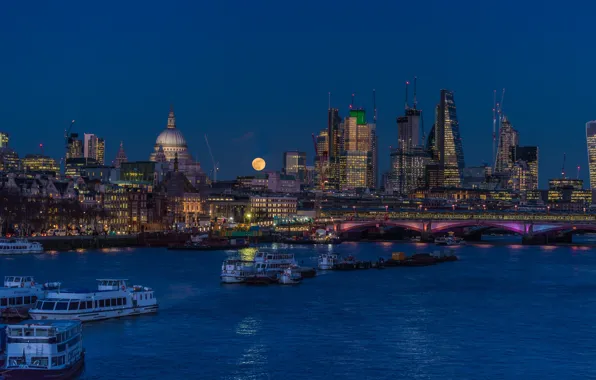 The sky, night, bridge, lights, river, the moon, England, London