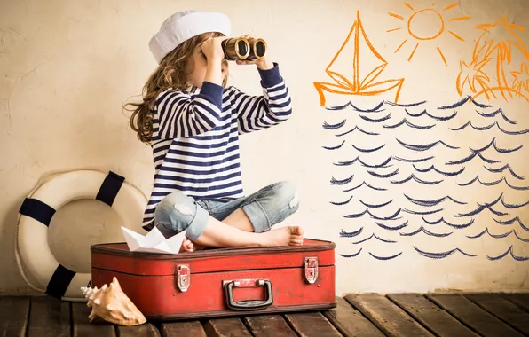 Figure, shell, girl, binoculars, suitcase, lifeline, paper ship