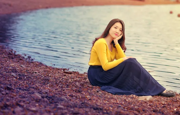 Picture wave, water, girl, macro, reverie, lake, stones, background