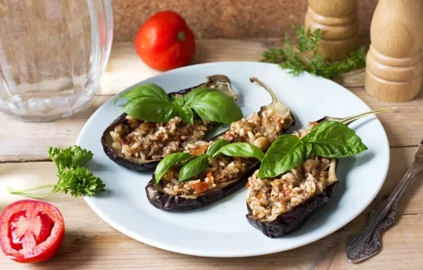 Eggplant, tomatoes, Basil