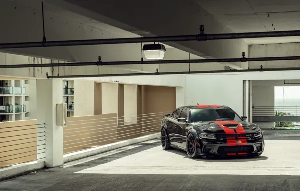 Black, Charger, SRT Hellcat, Red lines