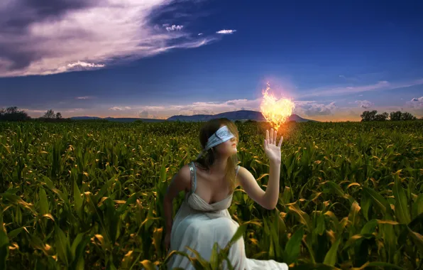 Picture field, girl, nature, mood, fire, heart, corn, touch