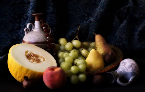 Grapes, fruit, peaches, pear, melon