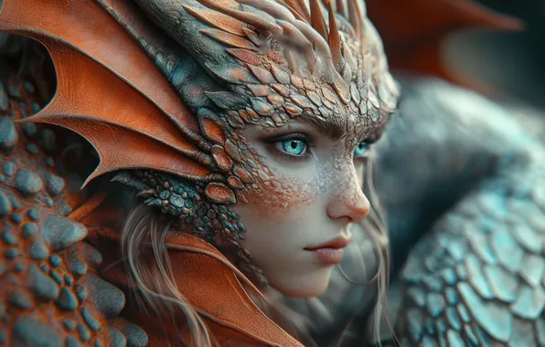 Girl, mermaid, portrait, scales, fantasy, blue eyes, gills, AI art