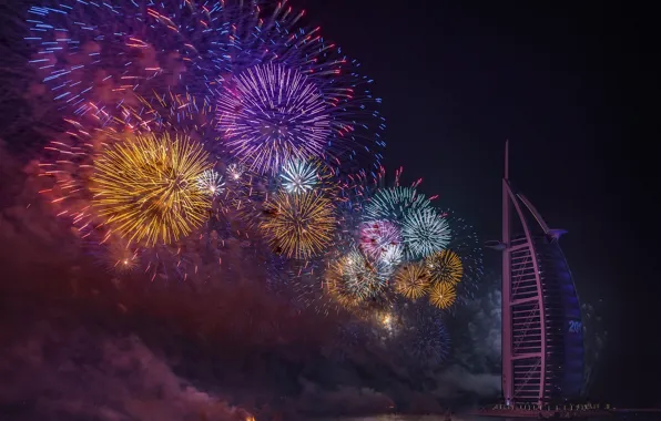The city, new year, Dubai, UAE, fireworks, fireworks