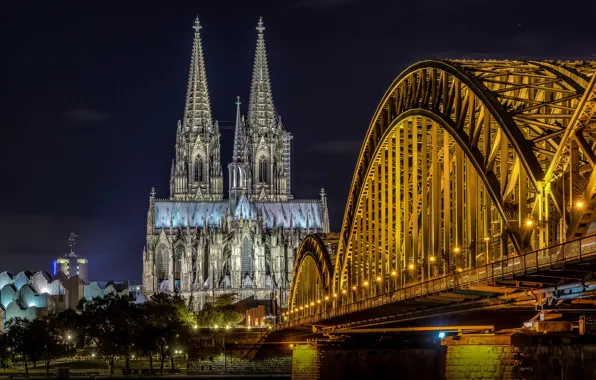 Night, bridge, lights, Germany, Cathedral, Cologne