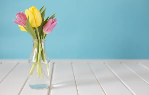 Bouquet, yellow, tulips, pink, yellow, pink, tulips, vase