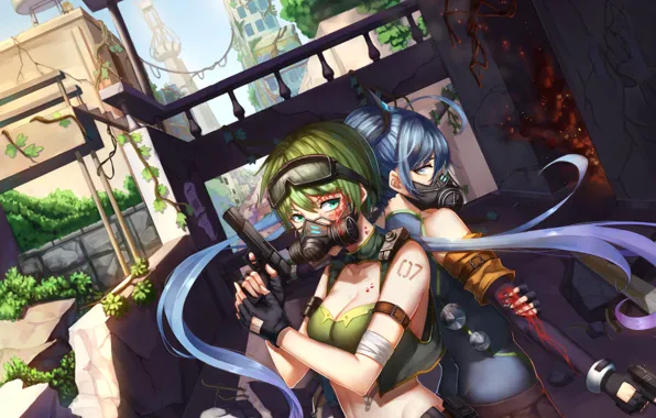 Picture weapons, girls, anime, art, gas mask