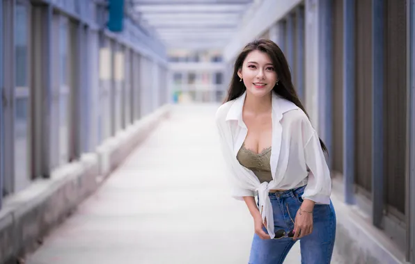 Picture cleavage, Asian, long hair, model, women, dark hair
