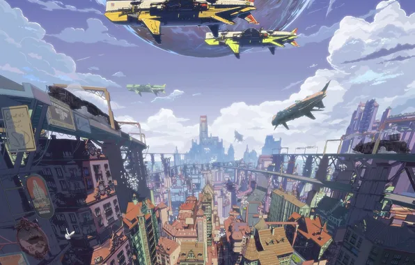 Picture the sky, clouds, the city, ship, planet, train, home, anime