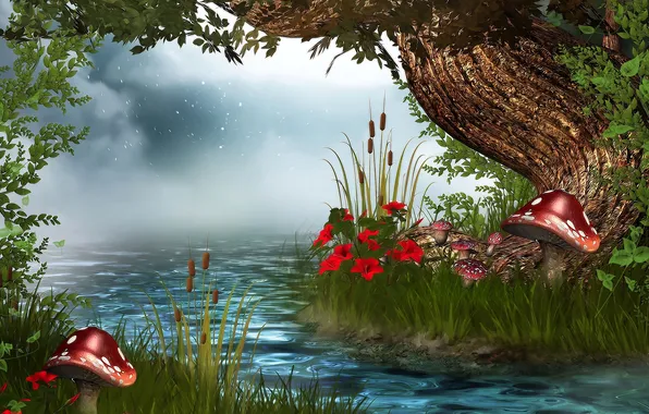 Picture forest, flowers, river, rendering, mushrooms, tale
