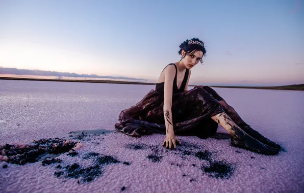 The sky, look, girl, traces, pose, feet, shore, woman