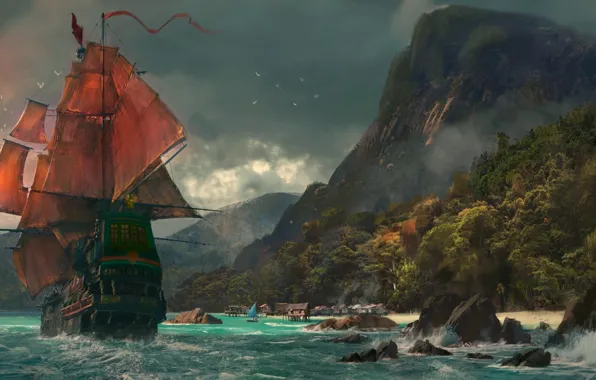 Picture sea, ship, Mountains, scarlet sails.