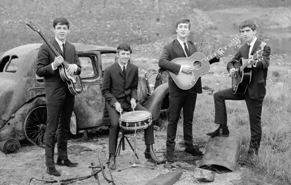 Photo, black and white, group, beatles, a rusty car