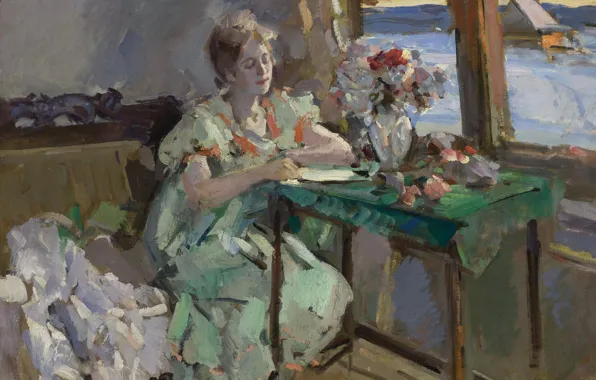 Girl, interior, picture, impressionism, Konstantin Korovin, Window
