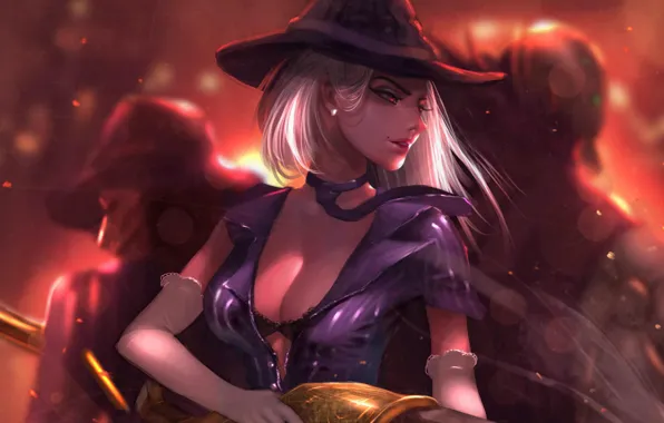 Girl, League of Legends, Ashe, Hat, Cleavage