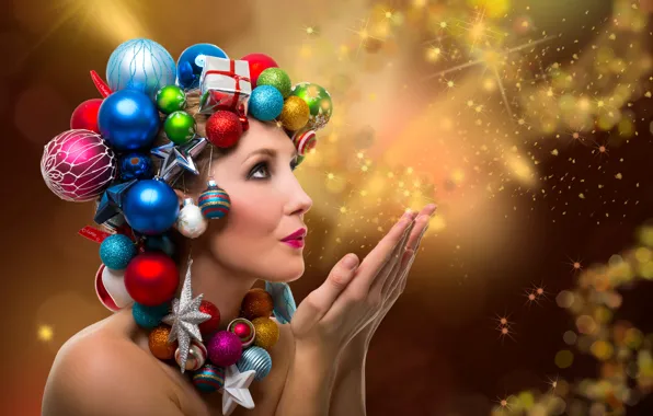 Girl, balls, decoration, face, holiday, toys, new year