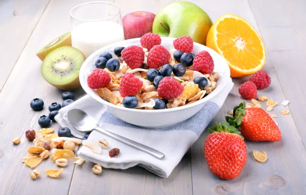 Picture berries, raspberry, Breakfast, milk, blueberries, strawberry, fruit, cereals