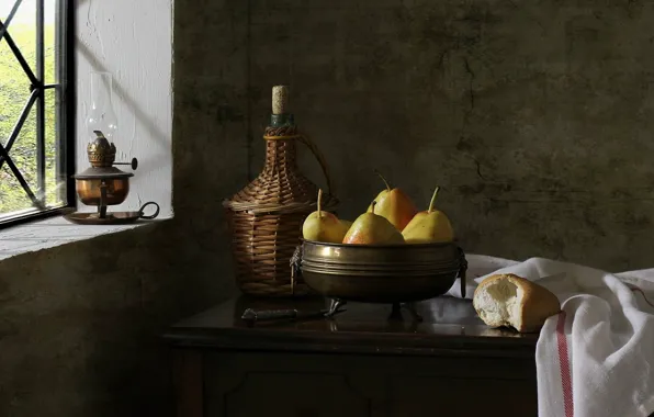 Table, wall, wine, bottle, towel, window, bread, knife