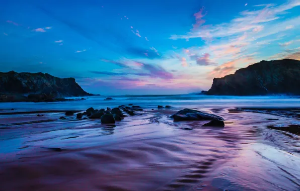 Picture sea, the sky, clouds, sunset, stones, rocks, the evening