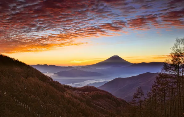Autumn, forest, the sky, clouds, landscape, mountains, fog, hills