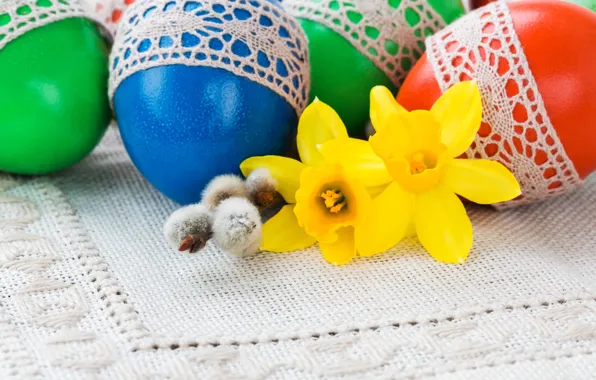 Holiday, eggs, Easter, Verba, daffodils