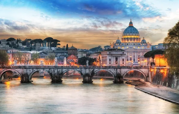 Sunset, bridge, lights, river, home, the evening, Rome, lights