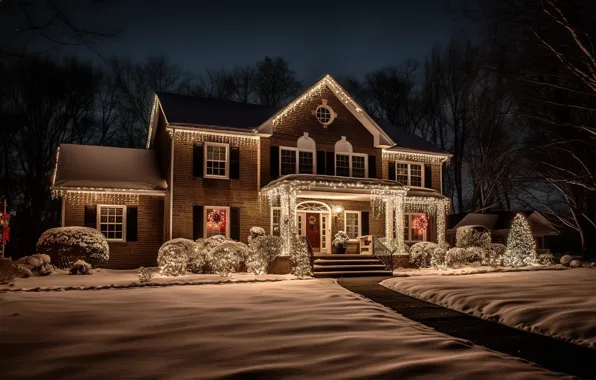 Picture winter, snow, night, lights, tree, New Year, Christmas, house