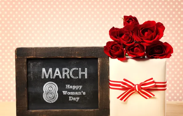 Flowers, background, gift, plate, roses, red, March 8, ribbon