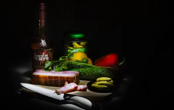 Picture greens, alcohol, knife, meat, pepper, still life, cognac, vegetables