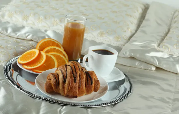 Picture coffee, orange, Breakfast, juice, bed, tray, croissant