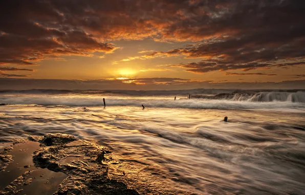 Picture rock, ocean, sunset, wave