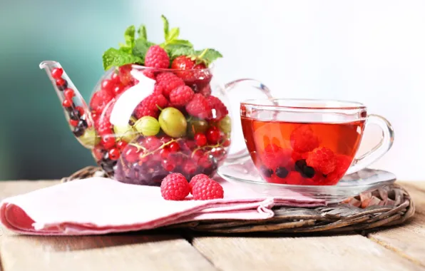 Picture berries, tea, kettle, Cup, drink