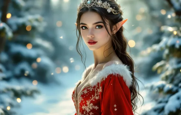 Frost, forest, girl, light, lights, crown, brunette, Christmas