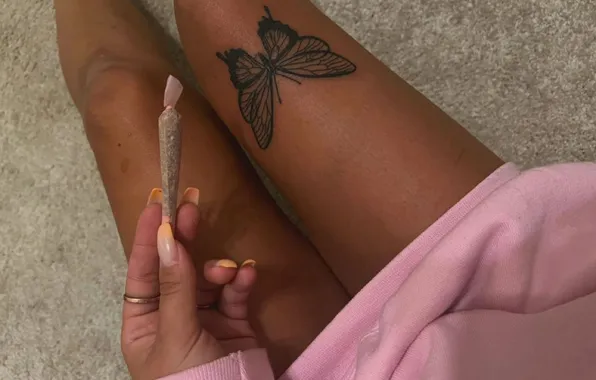 Girl, ring, manicure, slender legs, tattoo on leg, butterfly tattoo, tanned legs
